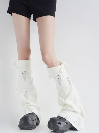 Y2K Knitted Flared Warmers Distressed Black/White/Gray Cuffed Leg