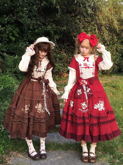 Brown Acorn & Squirrel Embroidered Lolita OP Dress with Peter Pan Collar, Ruffles, Belt, Brooch & Bow Hairclip - With PUJI