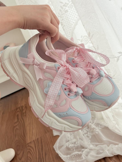 Sneakers Lolita Pink Pattern Plaid Sweet - Lace-Up Blue Closure