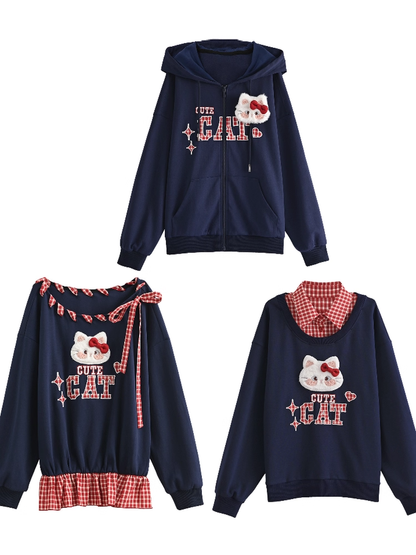 Sweatshirt with Detachable Red Applique Navy Kitty Embroidery Blue Collar Plaid