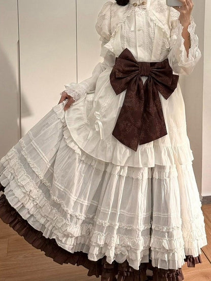 Cotton Multi-Layer Brown Hem Lolita Loose Elegant Skirt Ruffled