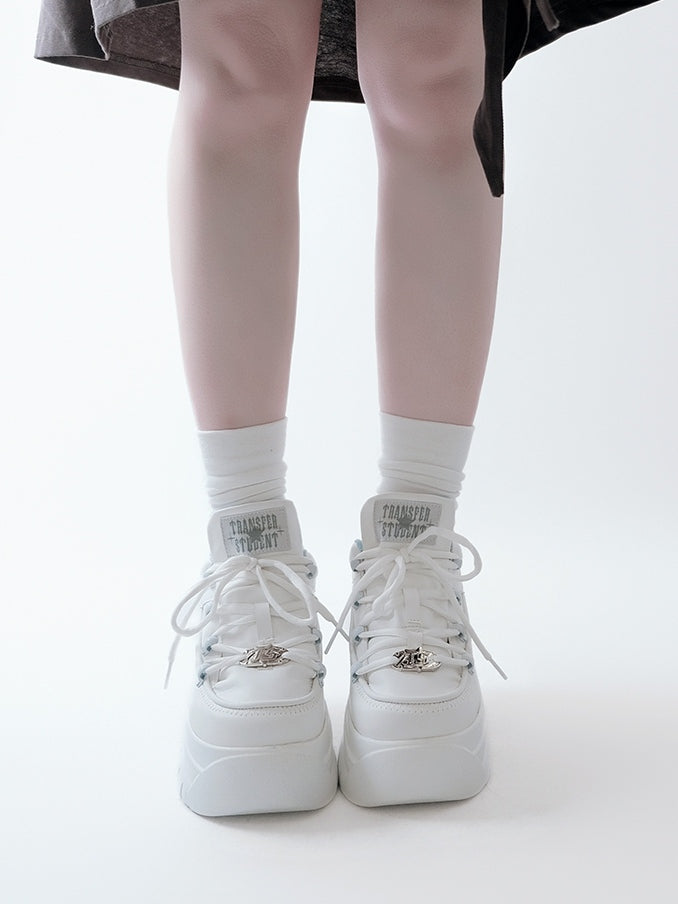 Leather Kei Sneakers in Classic Matte White Platform Lacing with PU System Jirai