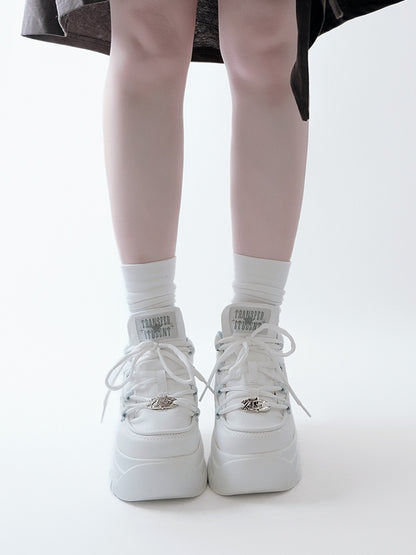 Leather Kei Sneakers in Classic Matte White Platform Lacing with PU System Jirai