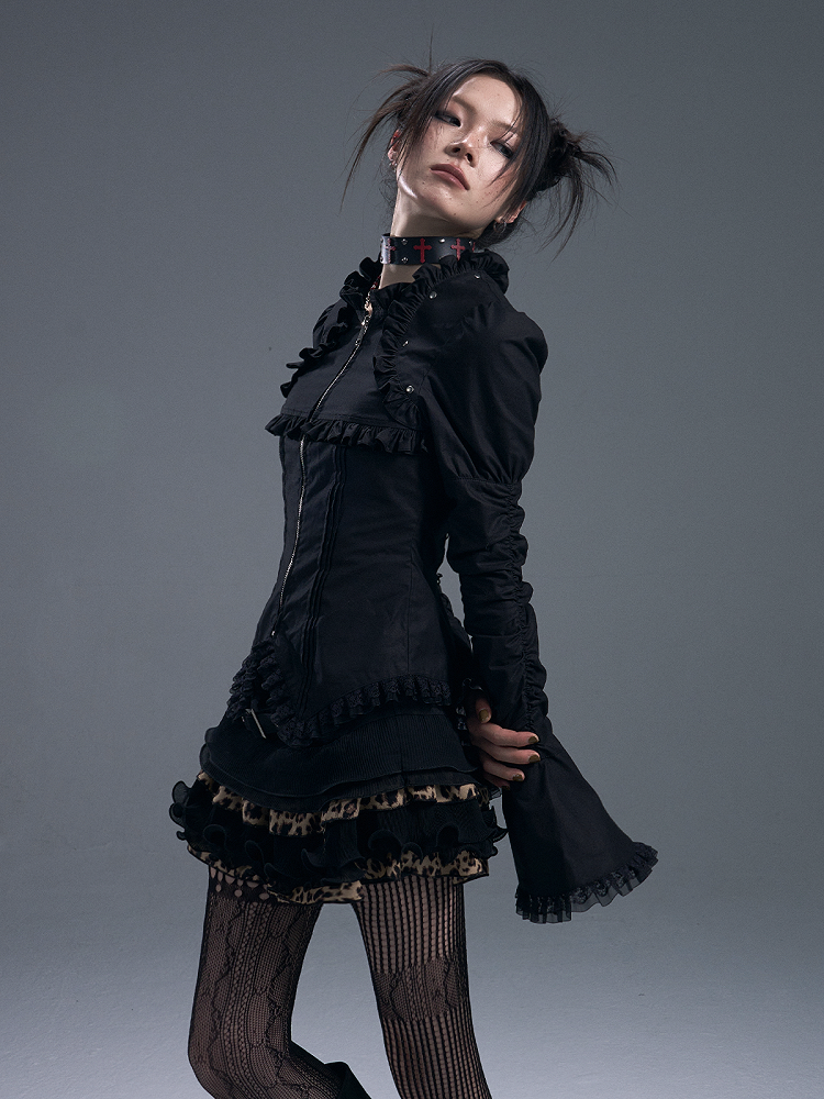 Schwarzes Gothic-Vintage-Top mit Spitzenbesatz und Reißverschluss