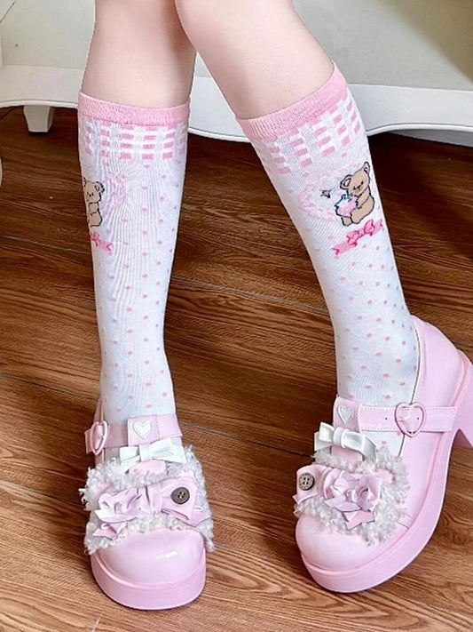 Print Polka-dot Pink Lolita Socks Bowknot Calf Pattern Bear Strawberry Hug