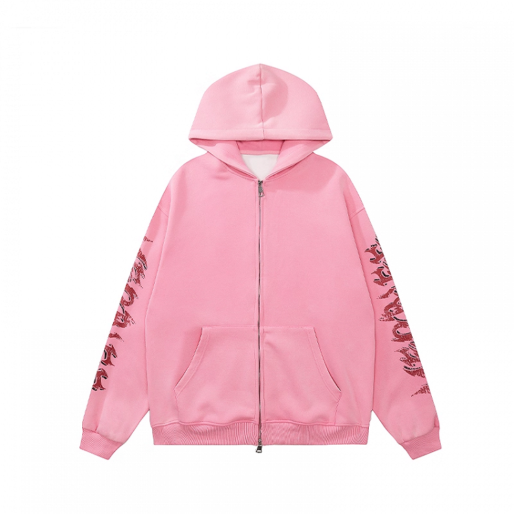 Rosa Brief Drucken Ärmel Zip-up Hoodie Herbst für