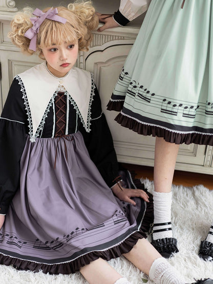 Musical Note Purple Autumn Lolita Long Sleeves Dress with Separate Pointed Collar