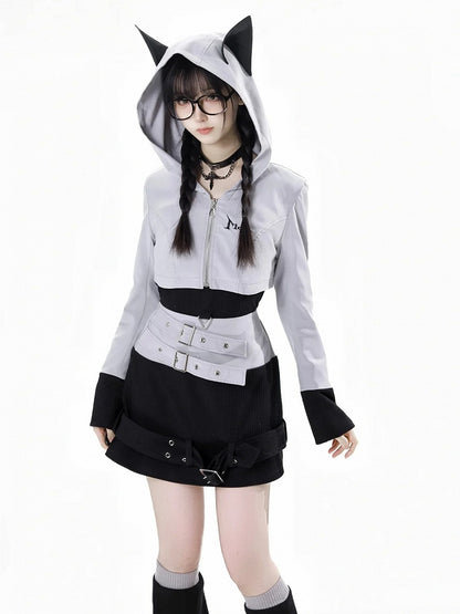 ウルフイヤーズ グレー ジップ フードクロージャーデザイン クロップドジャケット