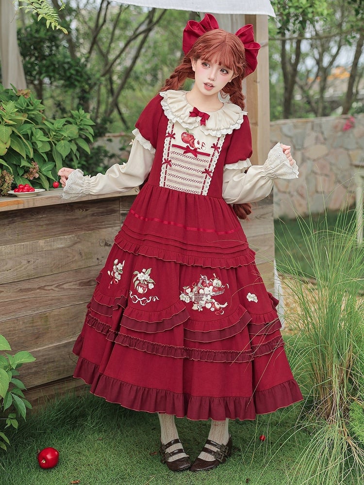 Wine Red Apple Embroidered OP Dress Set with Peter Pan Collar, Long Sleeves, Ruffle Trim, Belt, Brooch & Bow Hairclip - With PUJI