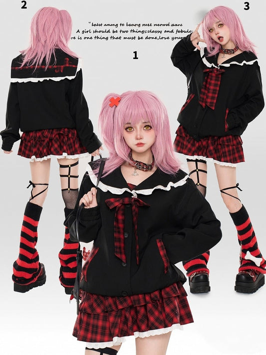 Y2K Black Sailor Collar Top with Red Plaid Tiered Skirt Set