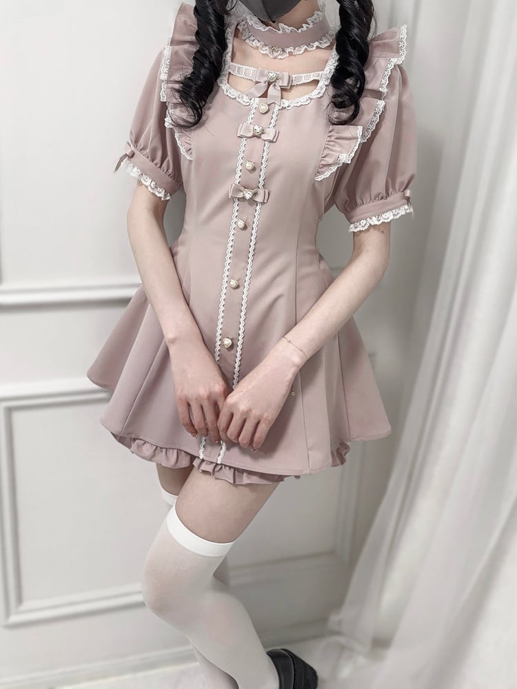 Set Jirai + Pink – Minikleid mit Flatterärmeln und Schleife am Rücken zum Binden + Shorts Kei Dusty Choker