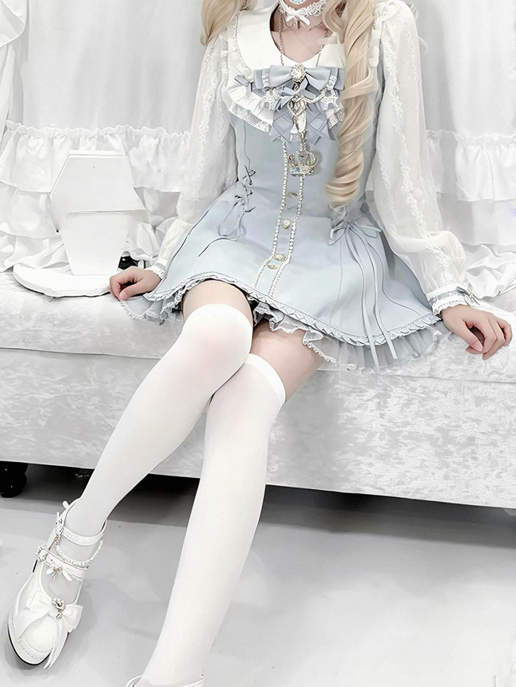 Blue Lace Long Sleeve Dress with Bow & Bead Decorations + Matching Shorts - AOSpace