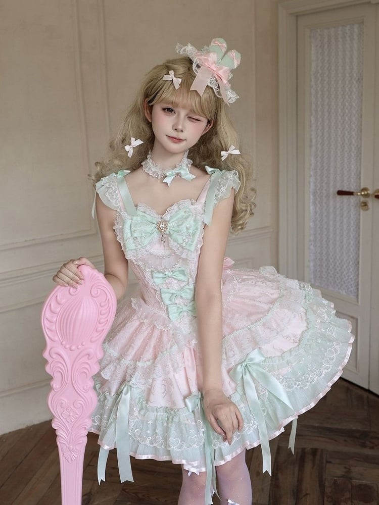 Pink & Green Multi-Layer Lace Lolita JSK Dress - Miss Han