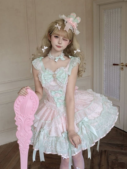 Pink & Green Multi-Layer Lace Lolita JSK Dress - Miss Han