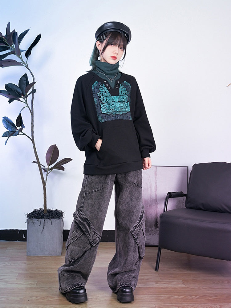 Black Collar Top Motif High with Kangaroo Cheongsam Bronze Green Pocket Faux Two-Piece Gothic