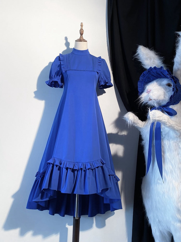 Klein Blue Gothic Lolita High-Low Ruffled Dress with Cross Patches - Blossom Herald