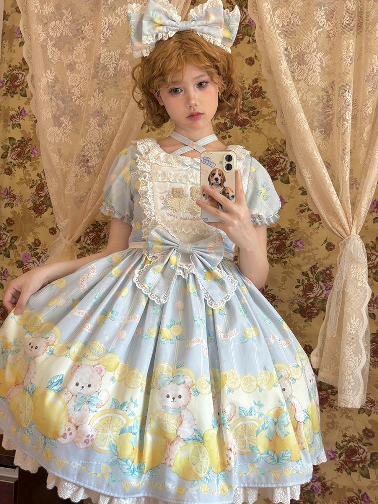 Lolita Sweet Sleeves Dress Teddy and Short Lemon Print Blue