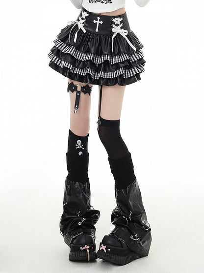 Plaid White Tiered Mini with Punk Lacing Black Skirt PU Crisscross