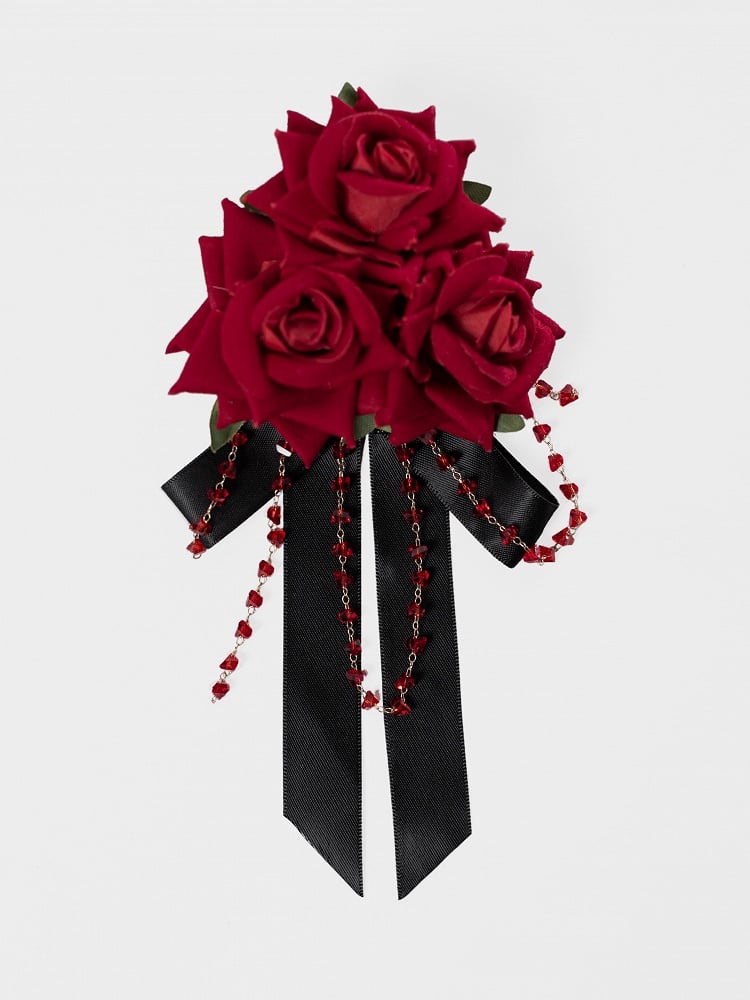 Black Floral Red Roses Hairclip Bow