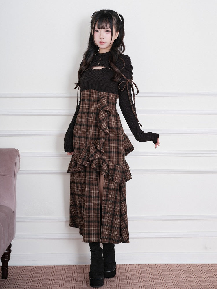 Brown Landmine Faux Two-Piece Plaid Knit Long-Sleeve Dress, Ruffles & Hem Slit - No Genki