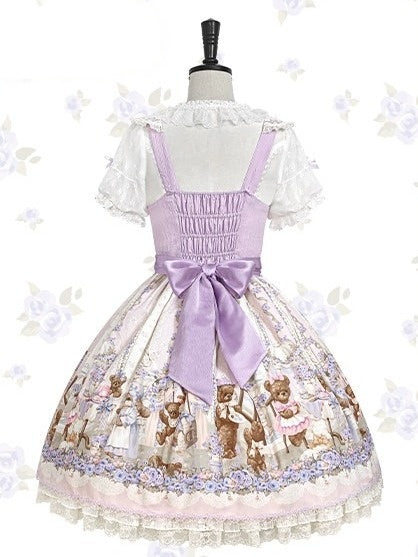 Purple Sweet Lolita Bear Motif Floral JSK Gown with Embroidery & Tulle Layer - Stars Fall on the Foggy Island