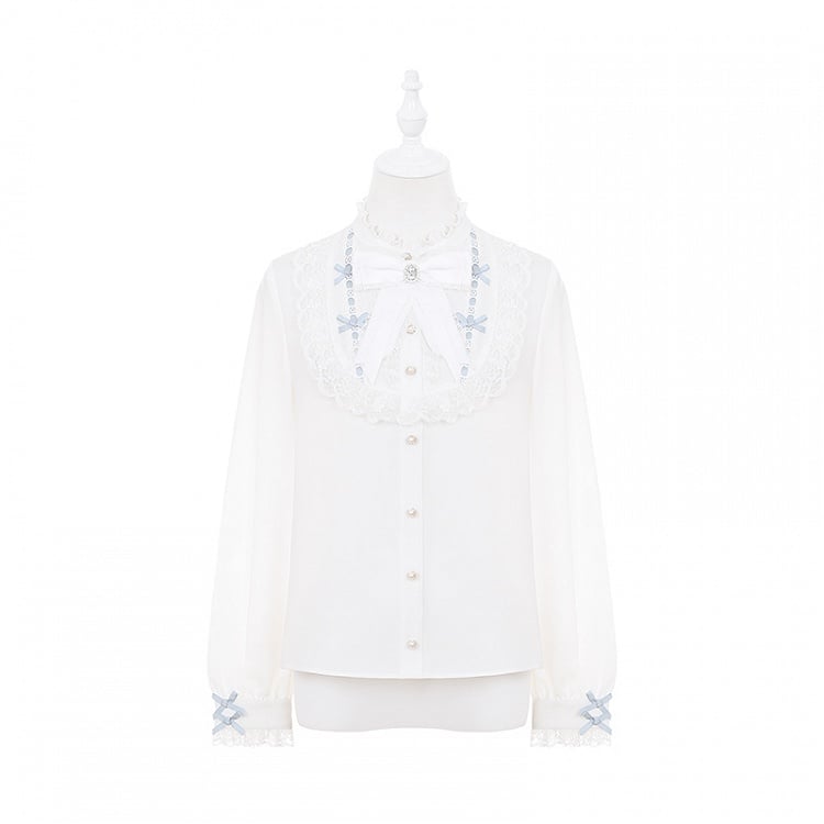 Bow with Ruffle White Included Jirai Free Blue and Neckline Kei Blouse Tie | Dusty