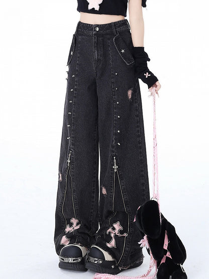 Black Punk Zip Jeans with Studs Detail - CRAZY GIRL