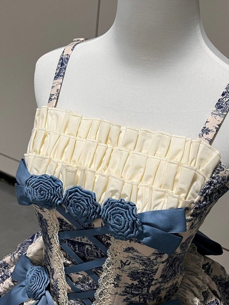 Bow Print Set + Elegant Skirt White Bolero Train High-low Rose Dress Jouy Blue and Accents de with Lolita Classic Toile