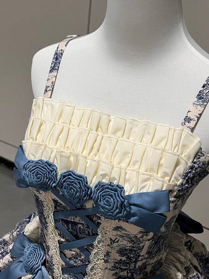 Bow Print Set + Elegant Skirt White Bolero Train High-low Rose Dress Jouy Blue and Accents de with Lolita Classic Toile