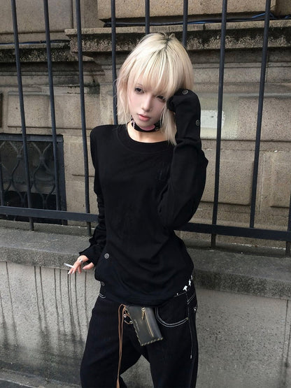 Black Button Details Crewneck Sweatshirt with in