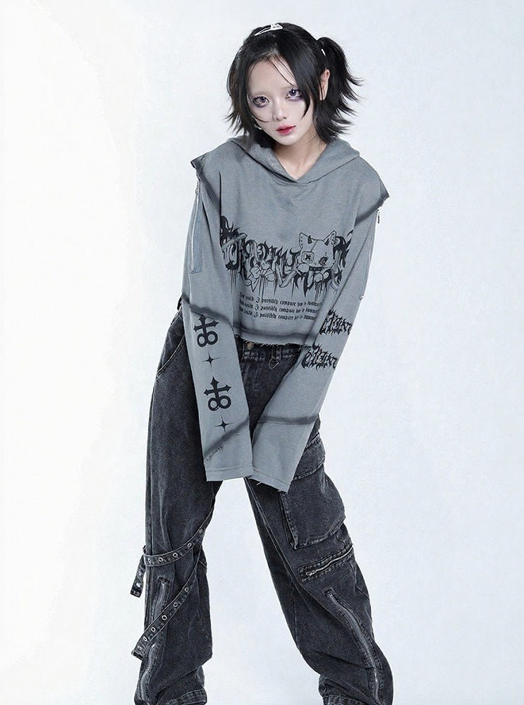 Dark Style Grey Cat Symbol Graphic Cropped Hoodie with Shoulder Zip Design - Tribuo Flos