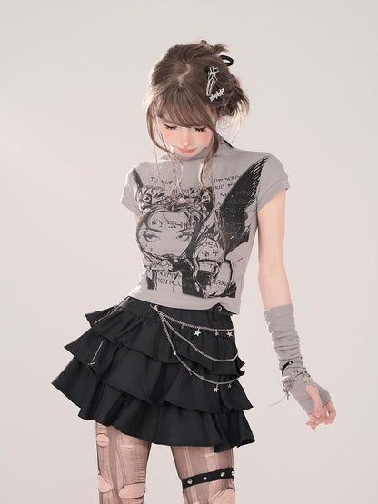 Charakterdruck und passendes fingerloses graues T-Shirt mit Stehkragen und Manga-Handschuhen