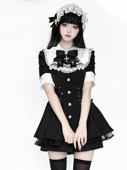 mit Stil Kurzes Jirai - Ärmel und Lätzchen Kei Weißes Kleid Krawattenset Schwarze Nonnenschleife