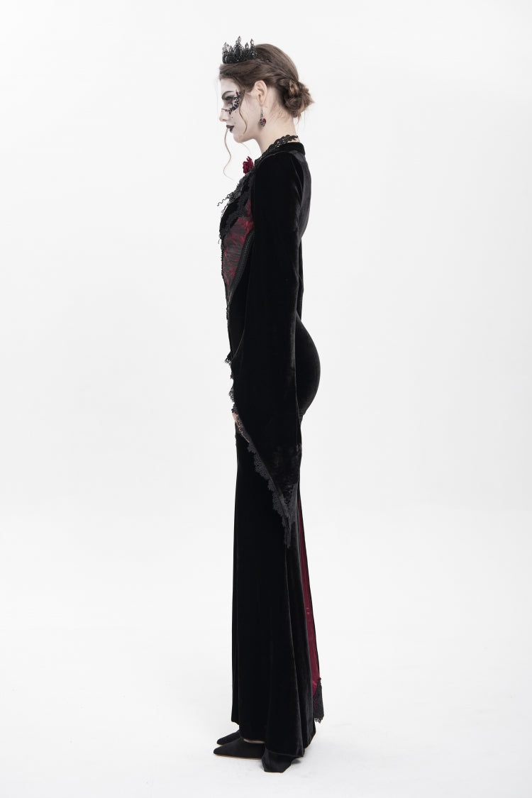 Black and Red V-Neck Long Trumpet Sleeves Floral Embroidered Velvet Gothic Dress