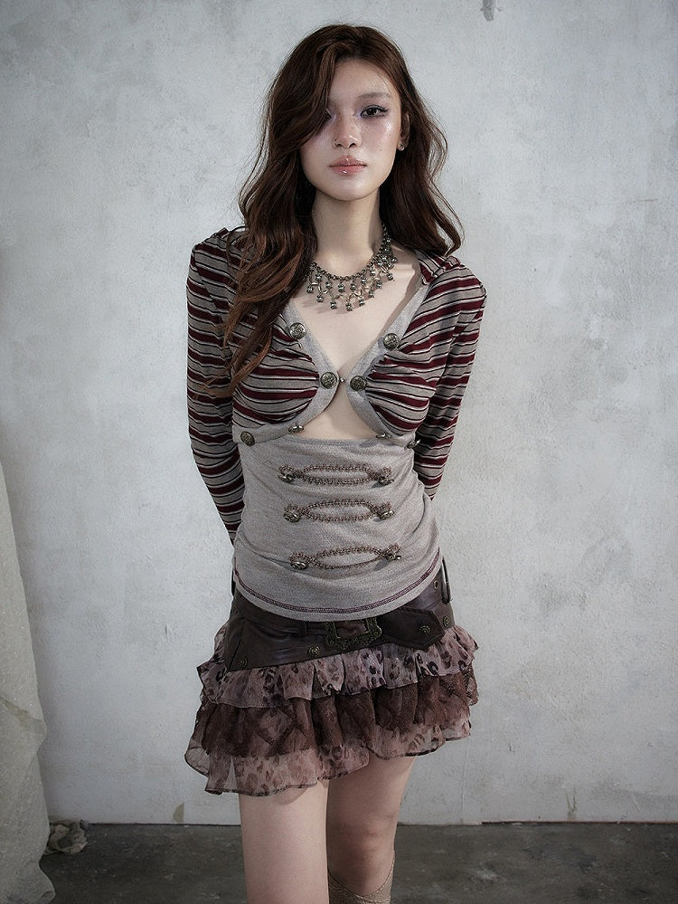 Red & Brown Striped V-Neck Hooded Knit Top with Long Sleeves & Faux Two-Piece Punk Style - NO ROMANCE