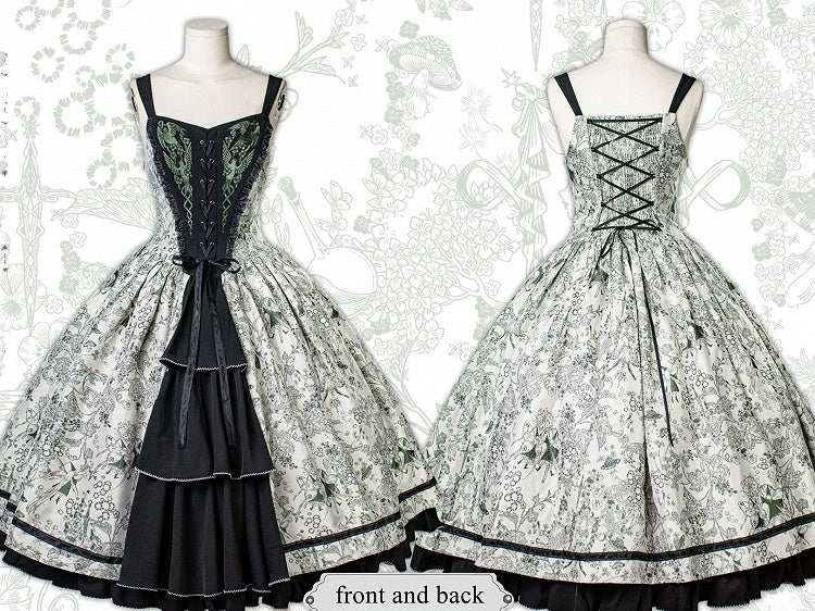 Green Forest Elegant with Print Animals Dress Lolita Bodice and Corset