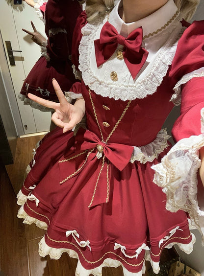 New Dress / Hem with Red Christmas Year Sleeves Lolita Pearl-Chain Bow Accents Long