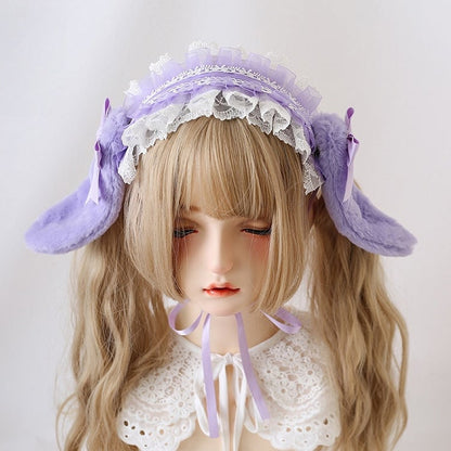 8 Colors Cute Lolita Lace Hairband With Detachable Bowknot And Plush Bunny Ears