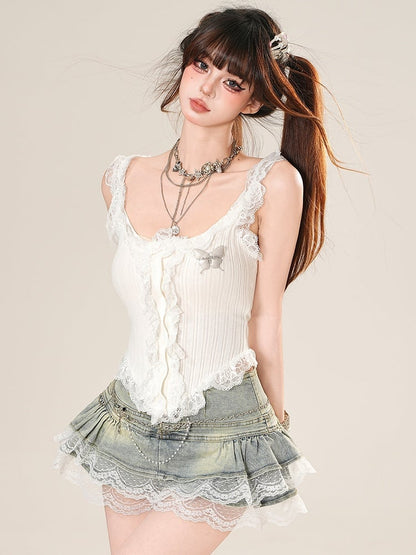 レースとトップトリムで飾られた魅力的なキャミソールフリルグリーン/ホワイトバタフライ