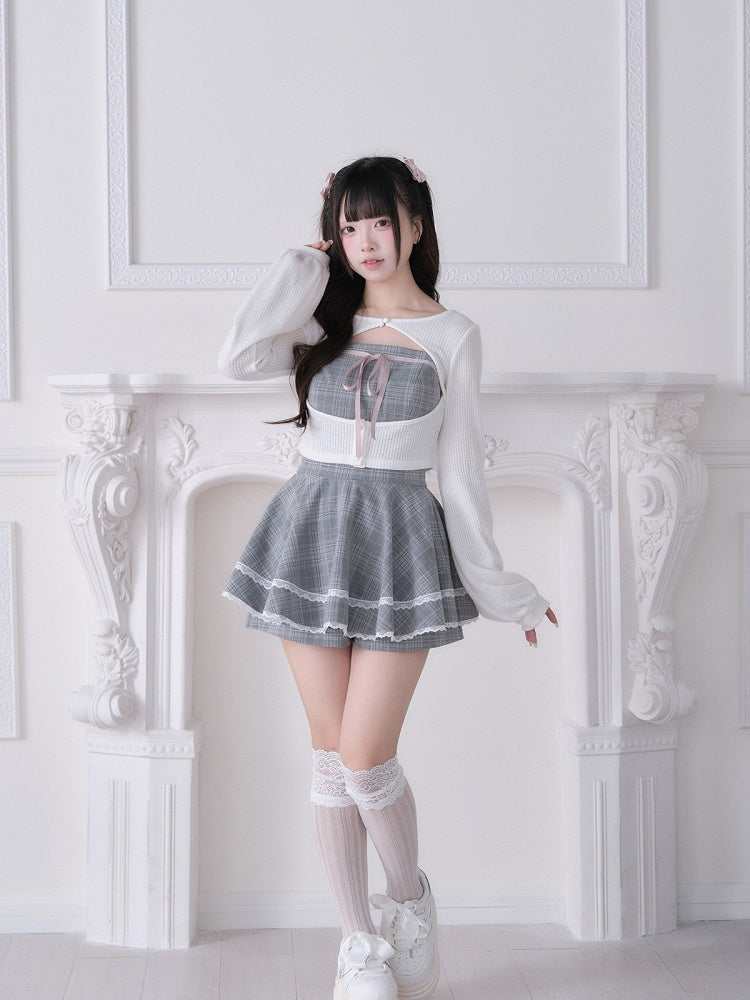 White Ryousangata Knit Cardigan - Dress + Fashion Matching Shorts Gray Plaid Set Three-Piece