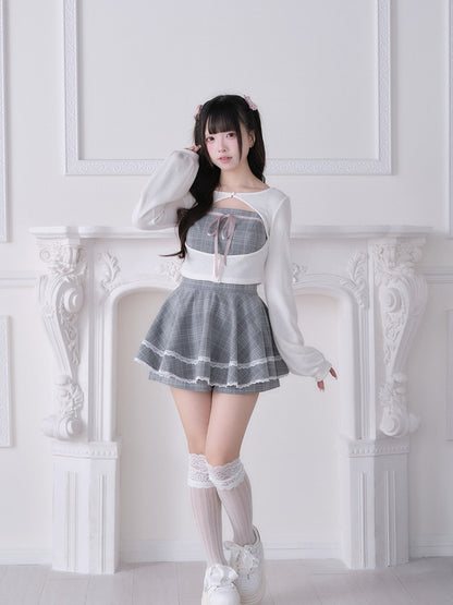 White Ryousangata Knit Cardigan - Dress + Fashion Matching Shorts Gray Plaid Set Three-Piece