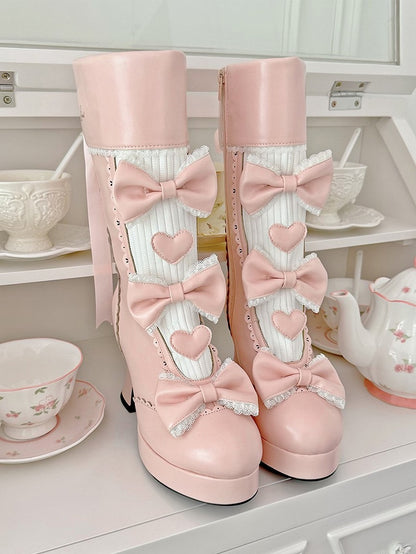 Pink Accents Elegant High-heel Heart Lolita Lace-trimmed Bow Boots Details Platform with