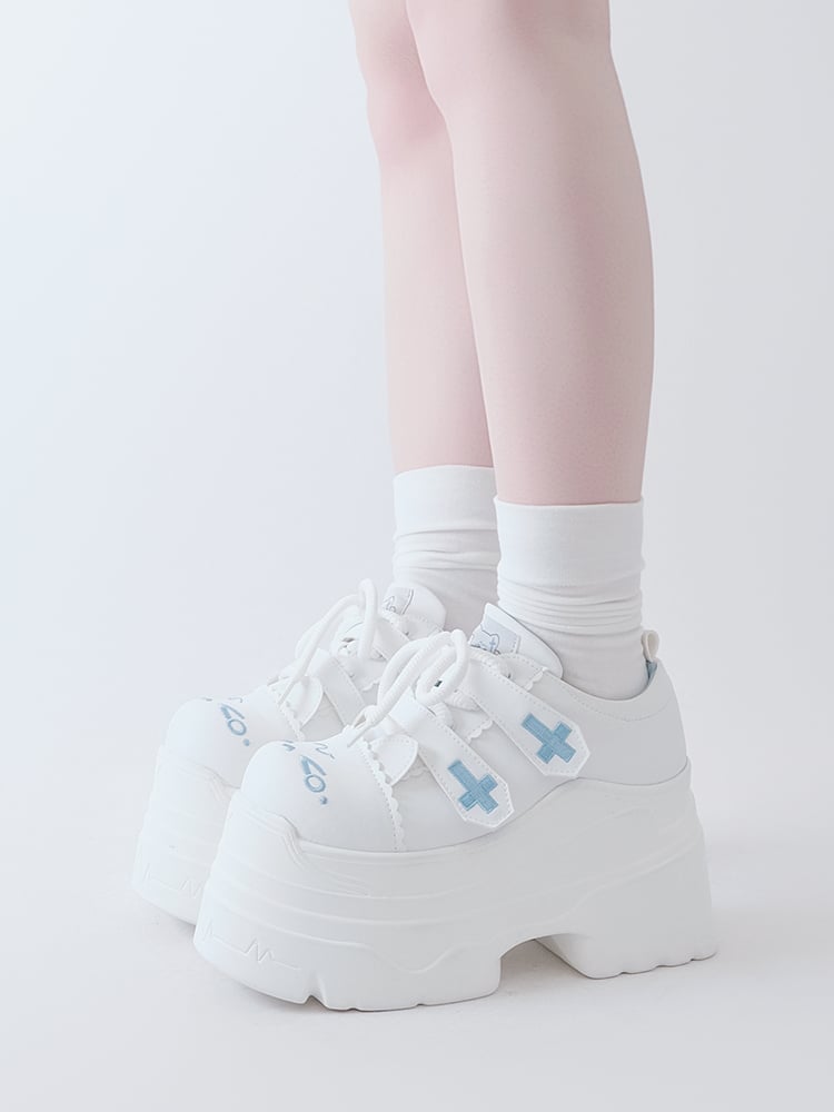 Yami Kawaii Matte White Cross Velcro Strap Kitty Ears Platform Shoes