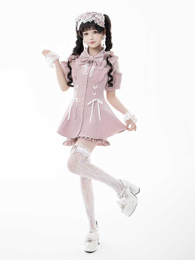 Shorts Shoulder Ruffled Pink: Sweet Kei Jirai Set in Brooch Open Decorative with Top