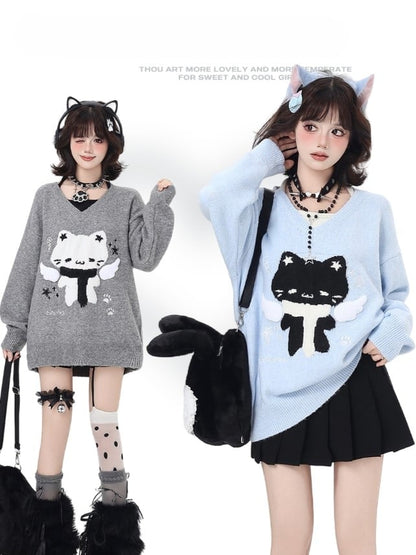 V-Neck Faux Two-Piece Sweater with Scarfed Angel Cat Pattern Blue/Gray