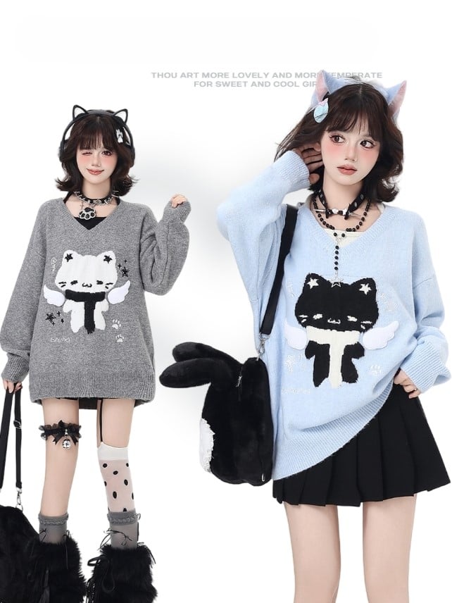 V-Neck Faux Two-Piece Sweater with Scarfed Angel Cat Pattern Blue/Gray