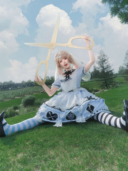 Alice in Wonderland Theme Lolita OP Dress Set with Apron & Rabbit Ear Collar Accessory - Circular chronology Lolita