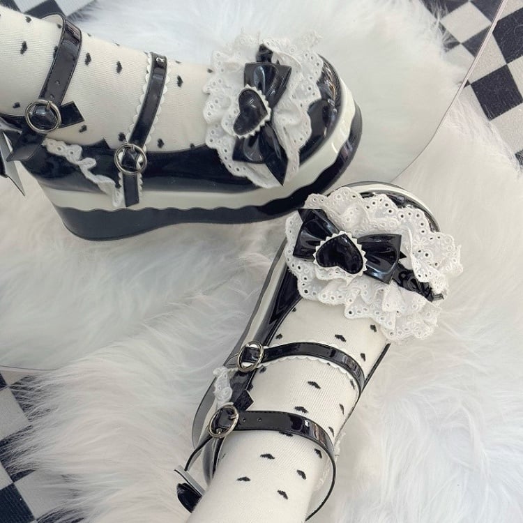Lolita Sweet Jane Lace Mary Bow Shoes Trim Black with Accents Platform