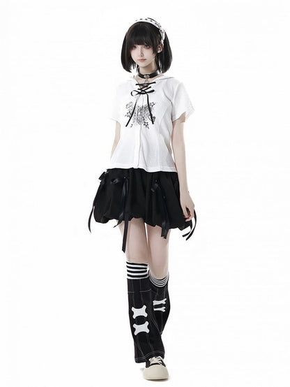 White Frog Lace-up Neckline Front Button Placket T-shirt Cute Print Hooded Waffle