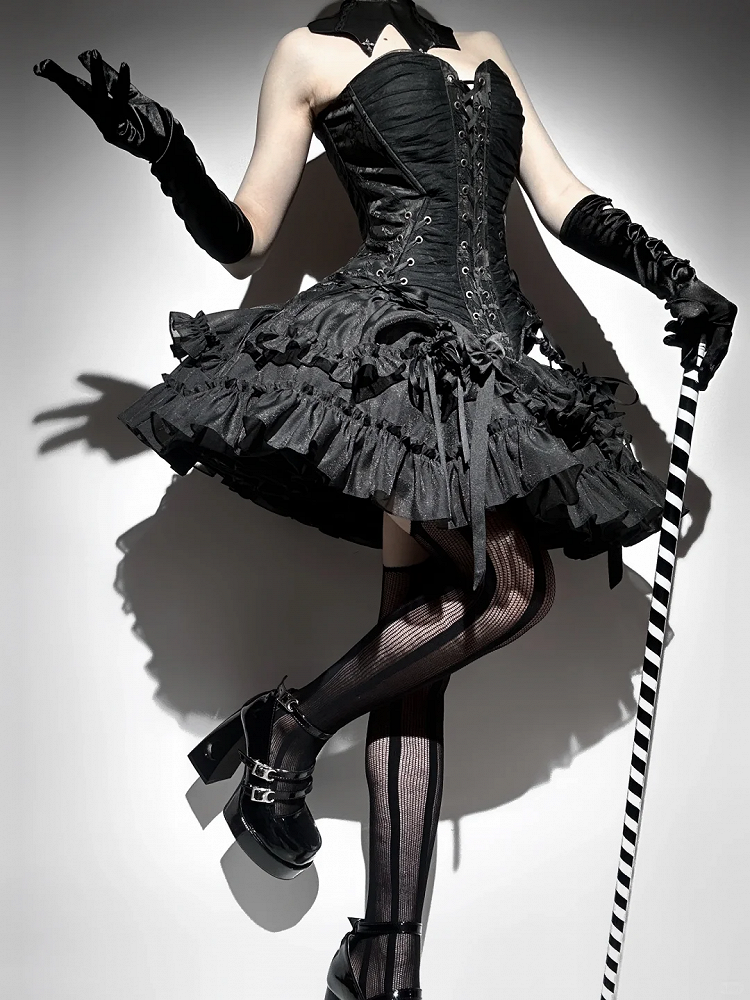 Lolita Drawstring Hem Skirt Gothic Black Kuro Ruffle